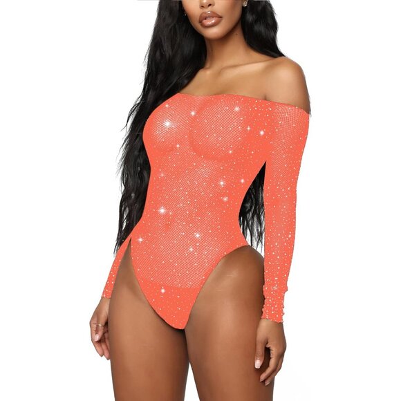 Women Light Pink Lingerie Fishnet Teddy Sparkle Rhinestone 1 Piece Mesh Bodysuit - Picture 2 of 3